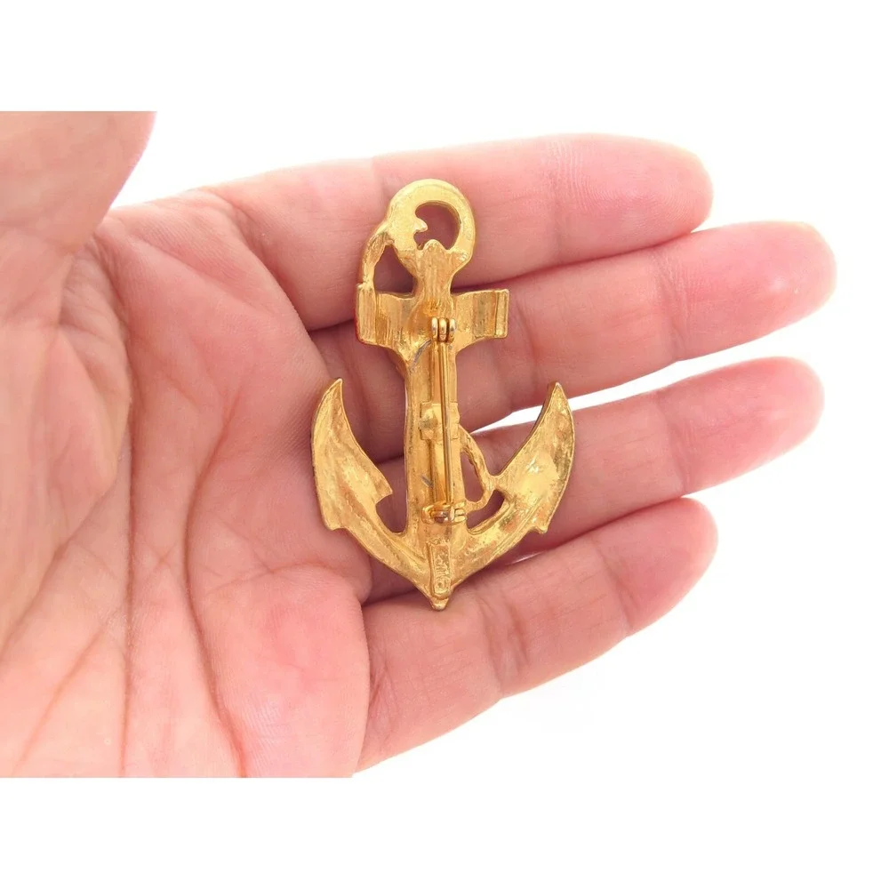 Vintage Signed LJM Red White Blue Enamel Anchor Gold‎ Plated Brooch Pin Pendant